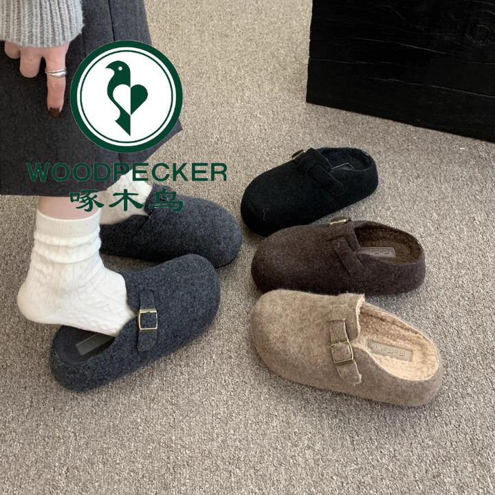 啄木鸟增高厚底勃肯包头半拖鞋女新款法式松糕灰色毛毛拖鞋女外穿
