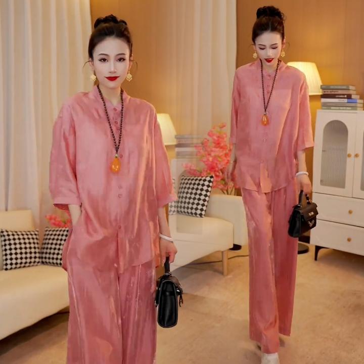 休闲高级感套装女2025新款夏季休闲洋气防晒衬衫提花阔腿裤两件套
