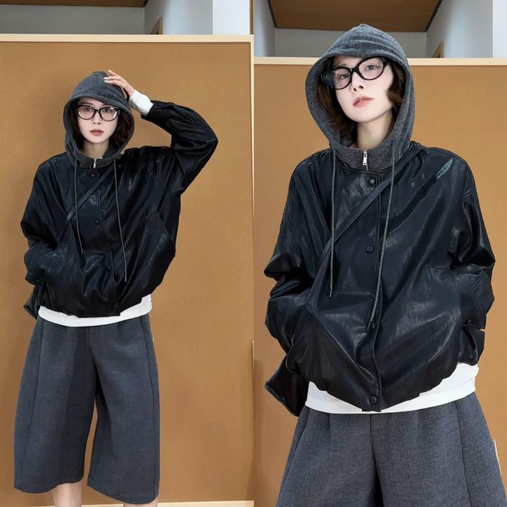 月月 2025新款【城市旅人】连帽皮衣时尚百搭宽松皮衣 2509C5540