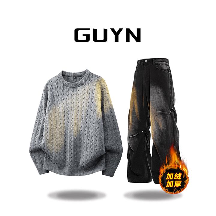 【品牌正品现货】GUYN潮流日系圆领针织衫男秋冬季休闲提花时尚毛衣
