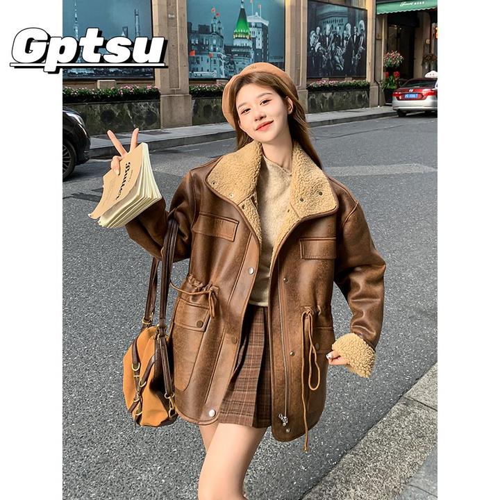 GPTSu美式复古棕色舒适毛外套冬季美拉德宽松中长款加厚皮毛棉服