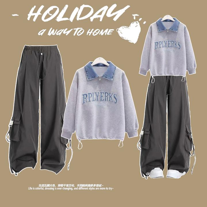 春秋款2025新款洋气假两件牛仔领polo卫衣中大童工装阔腿裤韩套装