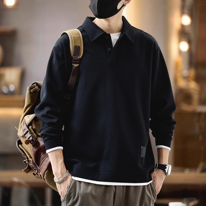 美式重磅复古POLO衫男士秋冬加绒潮牌痞帅假两件休闲长袖翻领卫衣