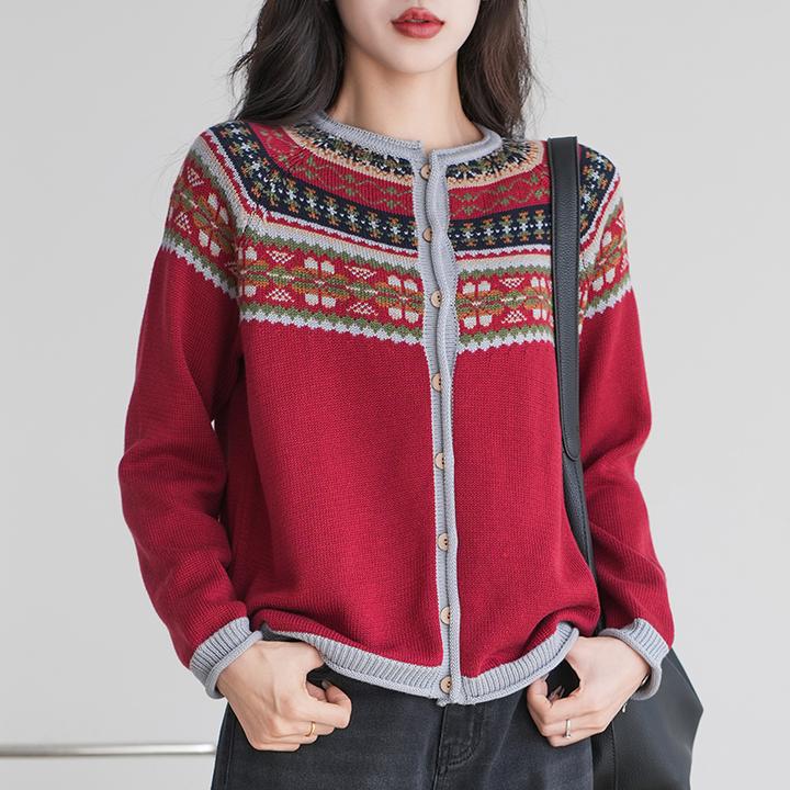 春秋新款纯棉针织女装复古民族风撞色提花圆领开衫长袖宽松上衣