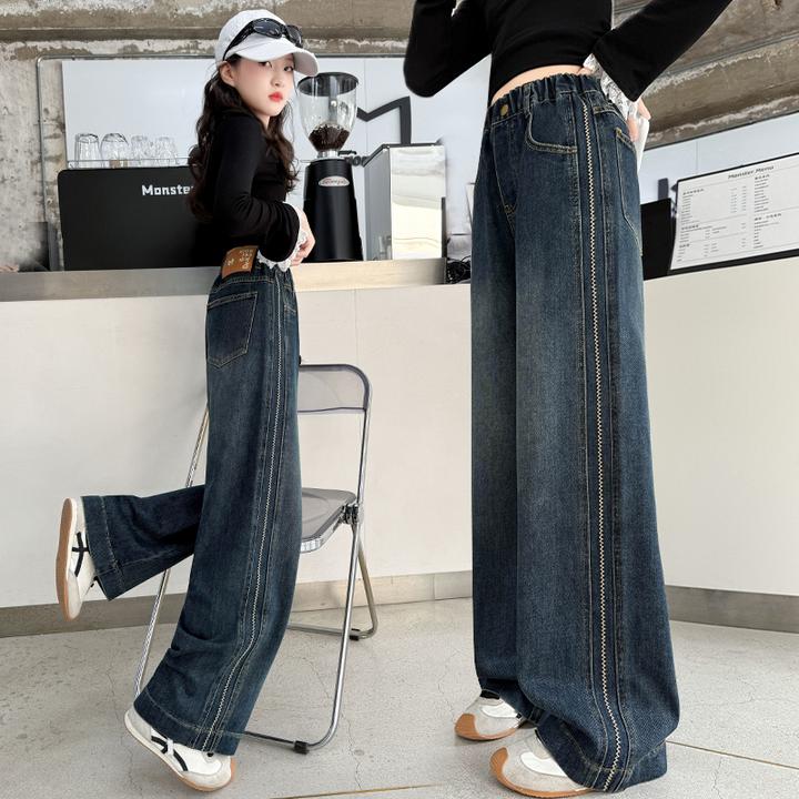 女童裤子春秋款2025新款儿童直筒牛仔裤初中生女孩大童秋装阔腿裤