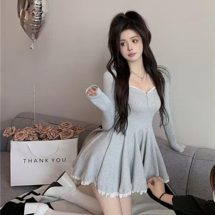 纯欲蓬蓬性感蕾丝连衣裙新款长袖收腰气质辣妹百褶A字短裙显瘦