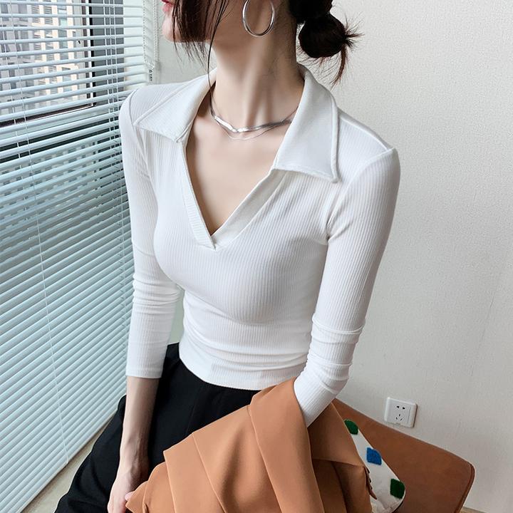法式翻领polo领打底衫女设计感内搭修身显瘦v领T恤秋冬高级感上衣