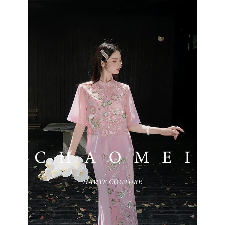 冯（CHAOMEI【桃夭】国风新中式女装静奢重工绣珠缎短袖+马甲