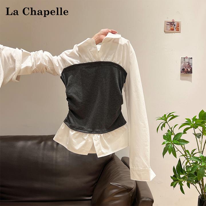 拉夏贝尔假两件收腰翻领设计感长袖T恤女秋季新款高级感撞色上衣