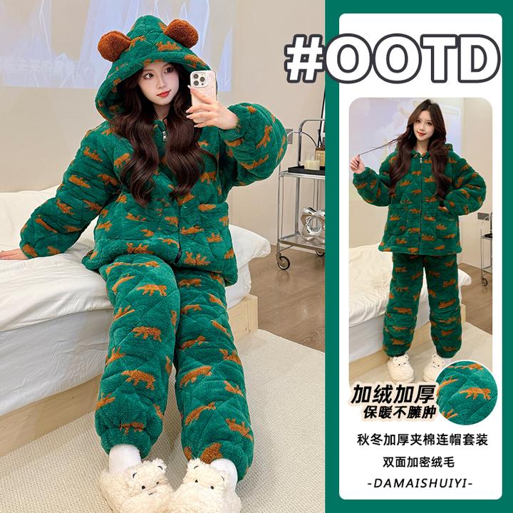 2025冬季新款珊瑚绒保暖睡衣女三层夹棉加厚休闲高颜值家居服套装