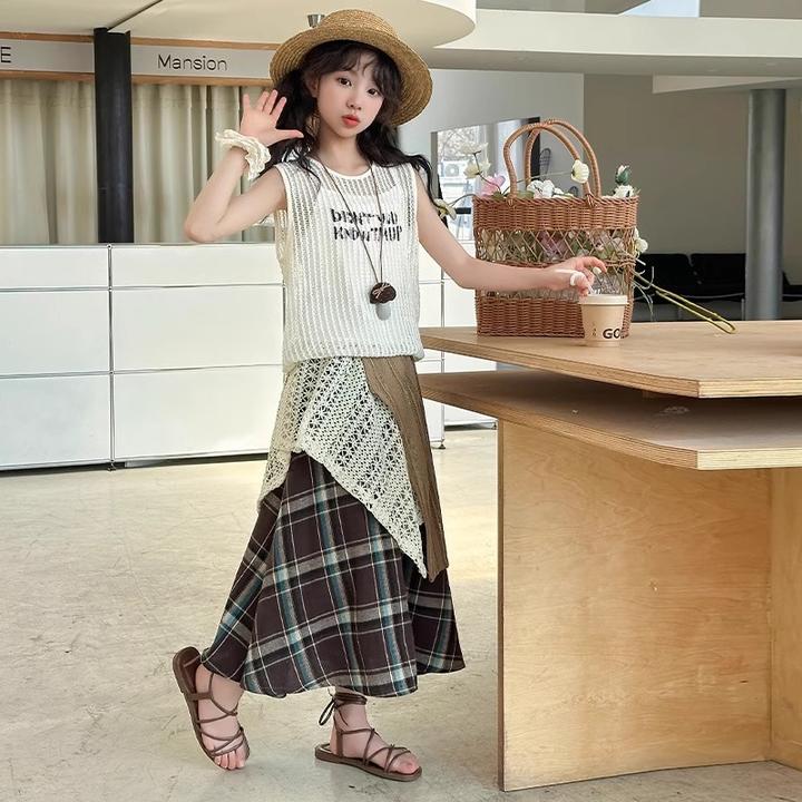 女童套装夏装2025新款薄女孩中大童假两件背心儿童不规则裙两件套