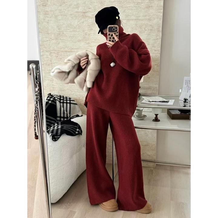 SP老钱风酒红色针织套装女秋冬极简风高领毛衣直筒长裤两件套套装
