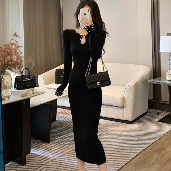 韩国高级气质优雅风水滴领针织毛衣连衣裙女秋冬OL小心机打底长裙