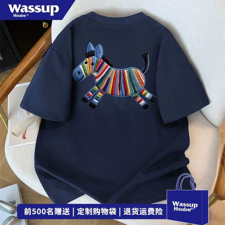 WASSUP HSUBE 夏季ins潮牌男女个性百搭藏青色上衣图案印花短袖