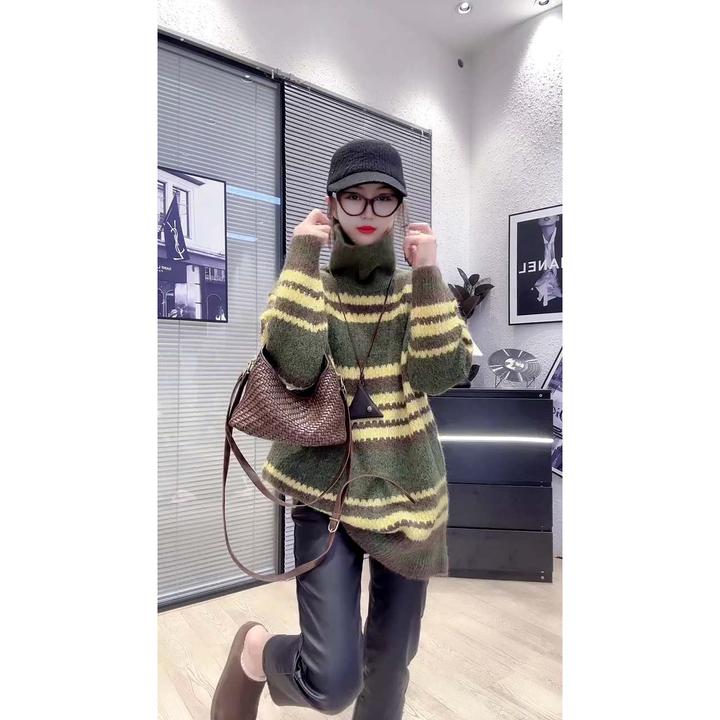 欧货新款时尚宽松大版高领撞色条纹套头长袖毛衣