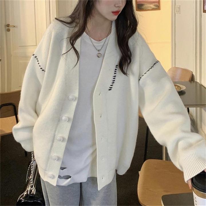 针织开衫外套女新款韩版宽松慵懒V领撞色明线毛衣女外穿