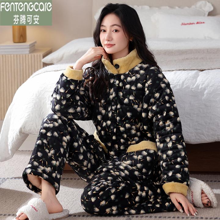 芬腾可安冬季睡衣女款加厚珊瑚绒三层夹棉袄冬天款保暖家居服套装