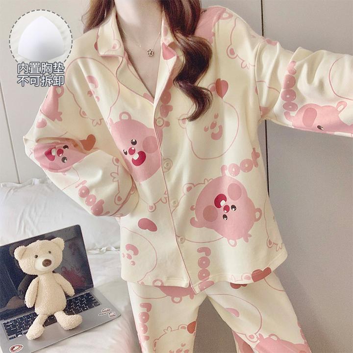 女大睡衣女款爆款2025新款春秋季可外穿长袖大码带胸垫家居服套装