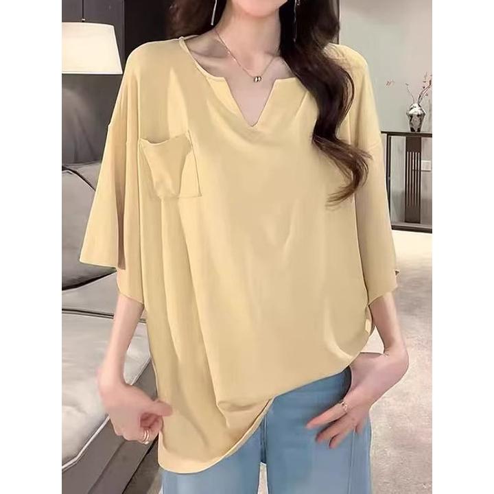 大码韩系慵懒风V字宽松中袖T恤女春夏新款时尚纯色显瘦中长款上衣