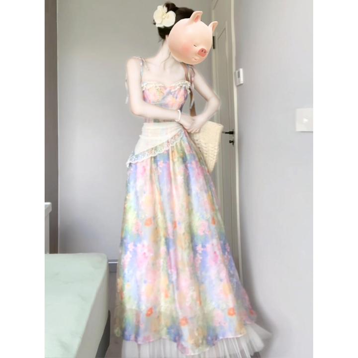 绝美吊带裙连衣裙女夏季超好看法式海边沙滩度假风晕染碎花长裙子