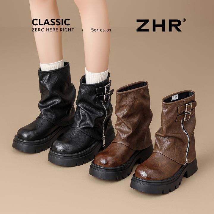 ZHR/则则中筒靴子女秋冬新款圆头擦色复古厚底增高时尚百搭堆堆靴