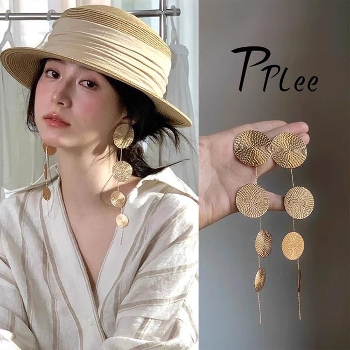 铜合金耳饰 金色圆片长款流苏耳环夸张小众设计高级感气质耳钉女