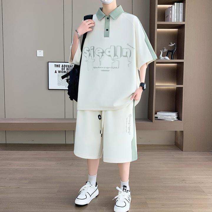 男休闲运动套装男士短款夏季套装时尚痞帅休闲帅气情侣假两件