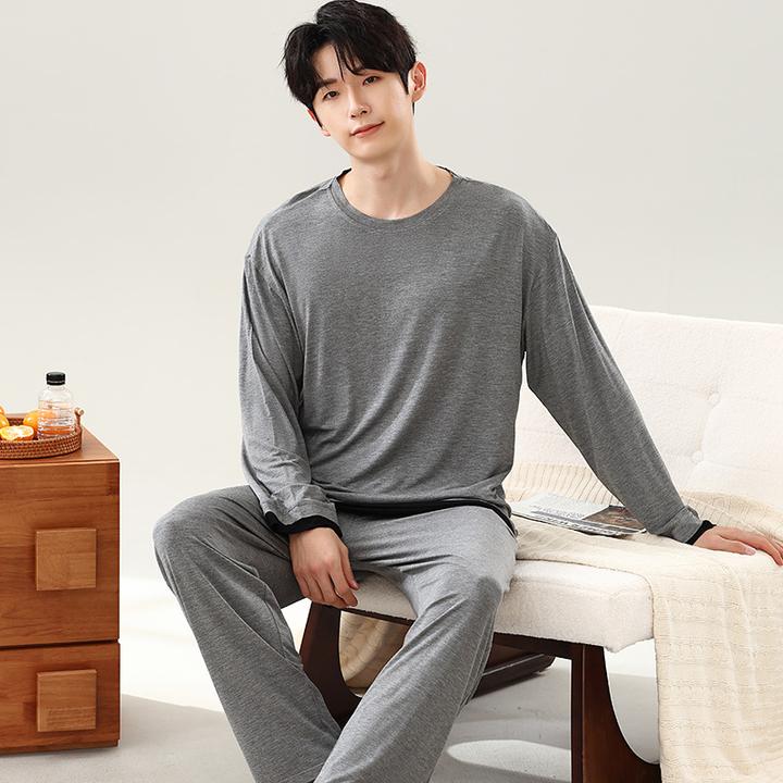 【2025新款】睡衣男士莫代尔长袖春秋季简约纯色圆领青年家居服秋冬