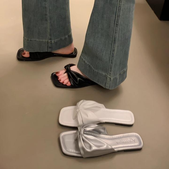 休闲风胶粘鞋复古蝴蝶结百搭夹趾人字拖方头沙滩小众鞋子平底夏季