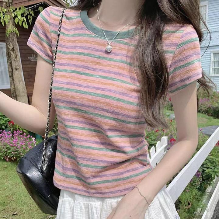 设计感彩色条纹短袖T恤女2024夏装新款洋气拼色圆领体恤小衫上衣