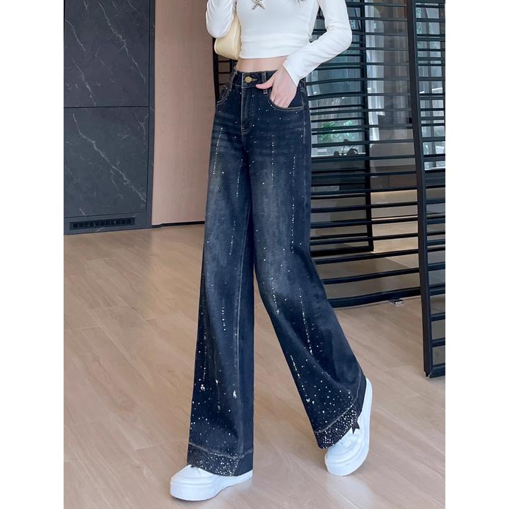 烫钻阔腿牛仔裤女2025秋季新款高腰窄版复蓝小个子黑色直筒牛仔裤