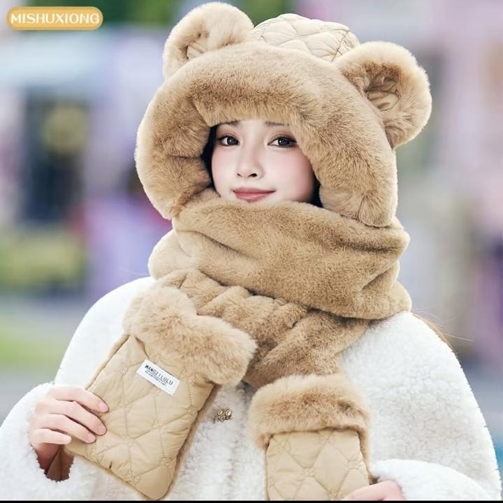 2025可爱毛毛绒帽子围巾手套一体秋冬季户外防寒骑车冬天围脖保暖