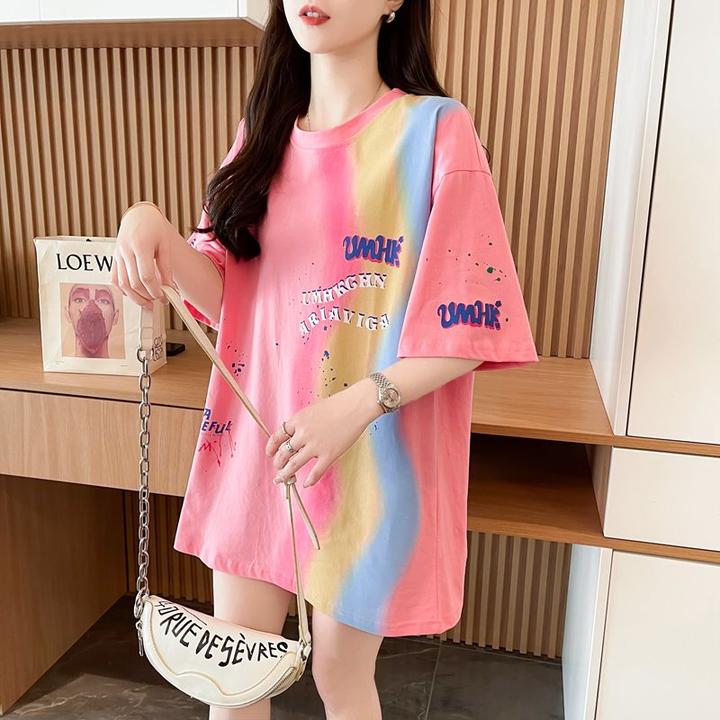 彩色涂鸦扎染短袖T恤女新款夏季美式潮牌设计感小众宽松上衣