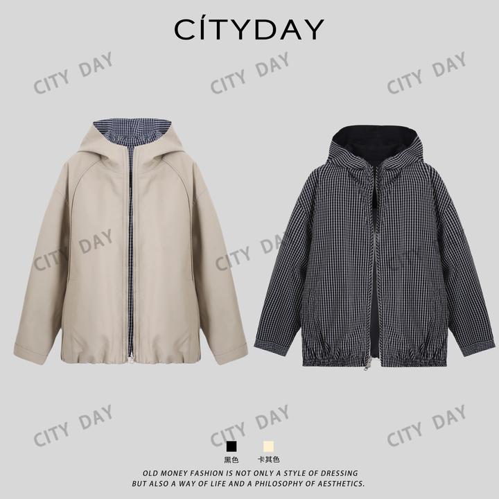 CityDay【楠哥】双面穿100棉构筑中性廓形挺阔格纹连帽夹克外套 011