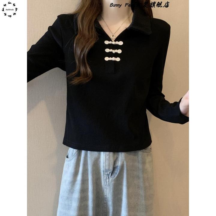 中国风民族风格女式长袖t恤春秋新款胖mm修身Look Polo领短扣上衣