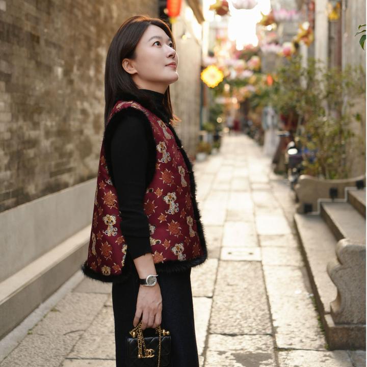 曼辰manchenh"东方瑞锦"重磅老织机桑蚕丝宋锦拼貂貂气质两穿马甲