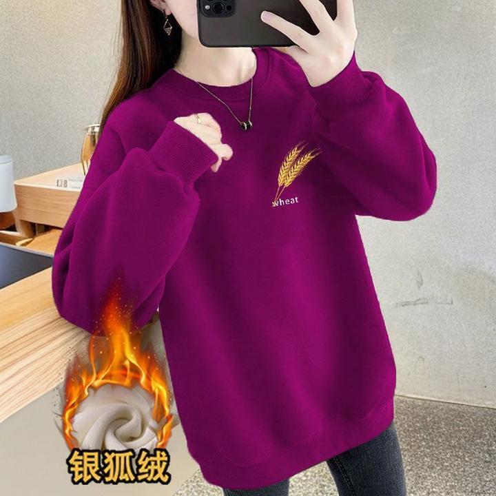 棉韩版百搭运动印花卫衣女士加绒加厚宽松长袖简约百搭外套卫衣