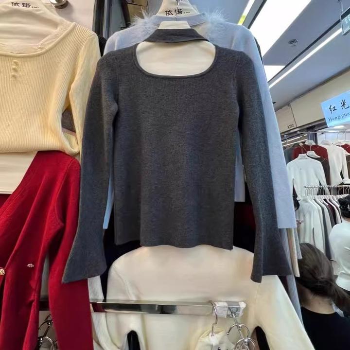 十三行秋冬女新款法式纯欲挂脖针织衫上衣内搭修身显瘦喇叭袖毛衣
