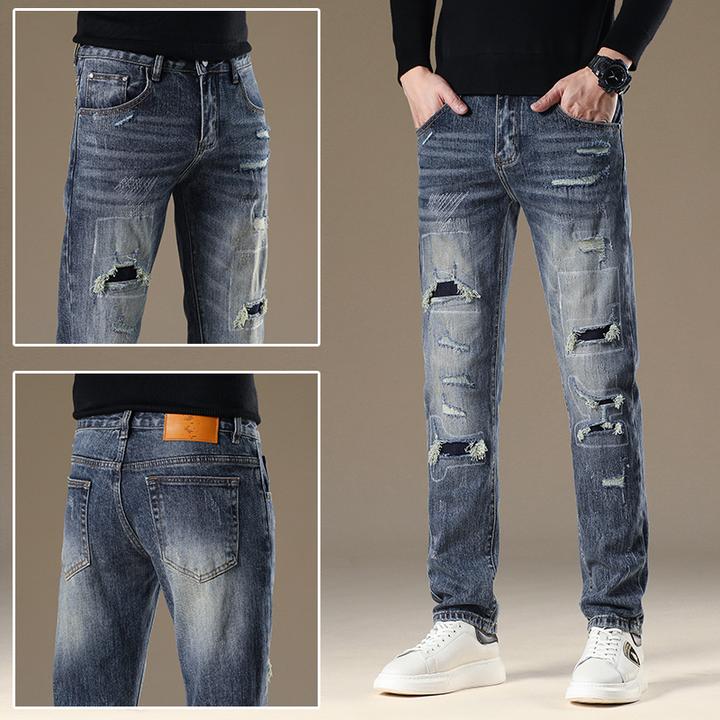 Leekody香港秋冬款破洞补丁牛仔裤男款美式高街合体直筒休闲长裤