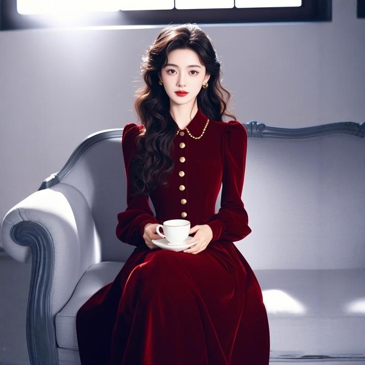 2025年冬季富家千金设计感穿搭年会礼服长裙法式酒红色丝绒连衣裙