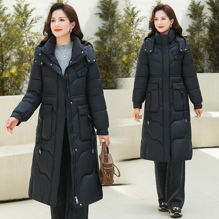 冬季加厚保暖防寒服羽绒棉服长款过膝时髦连帽修身棉衣女大码棉袄