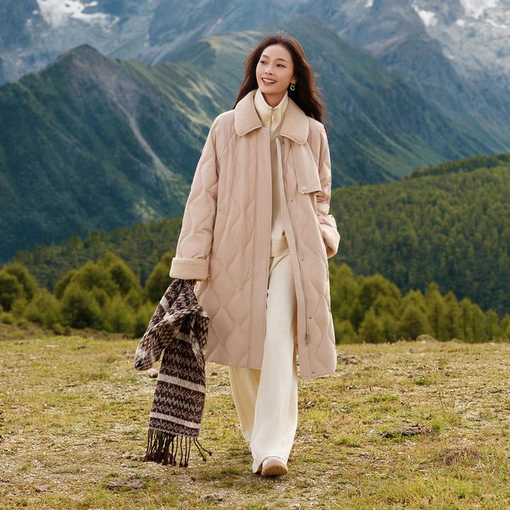 EP雅莹2025新款 撞色翻领直筒长款鹅绒服保暖羽绒服外套女Y207A