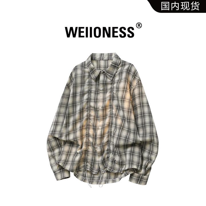 WEIIONESS美式复古格子衬衫男秋季宽松休闲纯棉衬衣轻奢痞帅男装