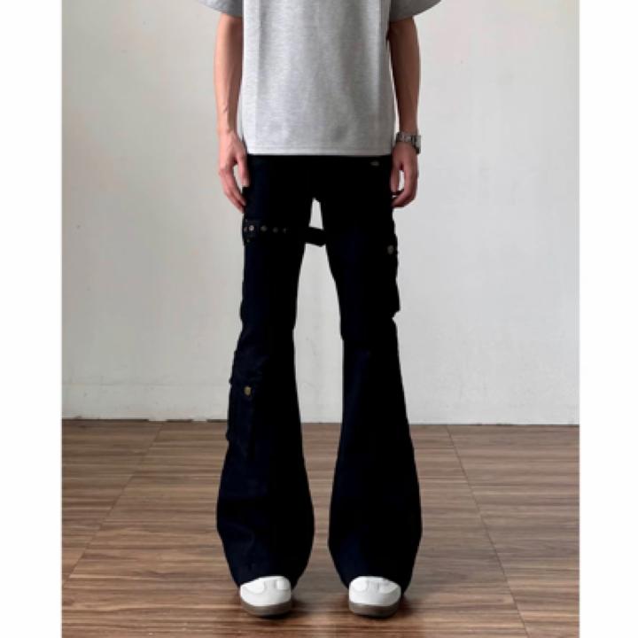 黑色微喇绑带牛仔裤设计感直筒vibe潮流男生裤子男款微喇裤5620