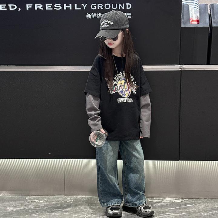 女童长袖t恤潮款2025新款洋气儿童春秋款女大童假两件打底衫上衣