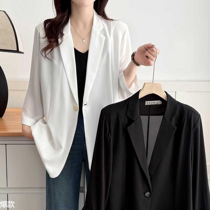 大码女装西装外套女薄款2025夏季新款胖七分袖显瘦休闲时尚西服