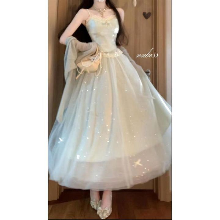 柔雾森屿 绝美仙气蕾丝拼接吊带+细闪高腰长半裙+针织开衫三件套