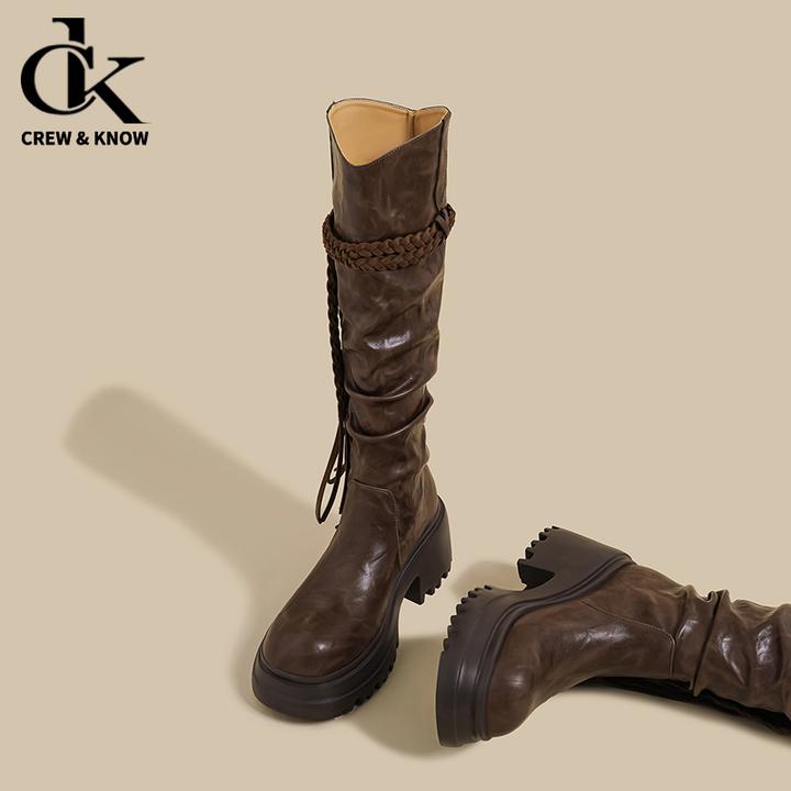 【官网小C&K旗舰店】2025时尚百搭长靴女复古褶皱厚底显瘦增高骑士