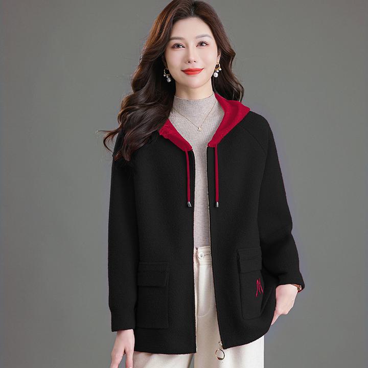 韩版短款连帽外套大码中年秋季针织女装拉链连帽上衣薄款宽松型