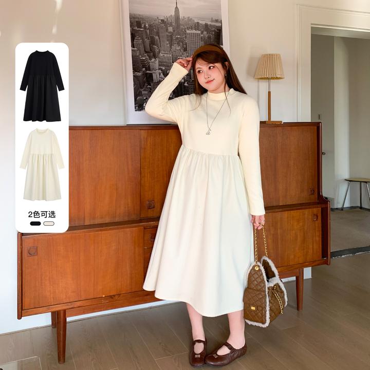 YUZI/鱼子遮肉显瘦长袖极简半高领高腰产款宽松连衣裙LQ00067